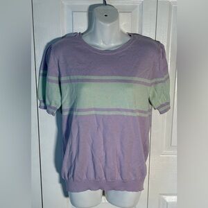JW Style Purple Green Striped Knit Sweater Short Puff Sleeves